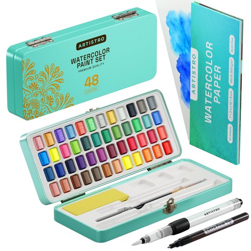 ARTISTRO Watercolor Paint Set, 48 Vivid Colors in Portable Box, Palette set, Including Metallic and Fluorescent Colors. Perfect Travel Watercolor Set for Artists, Amateur Hobbyists and Painting
