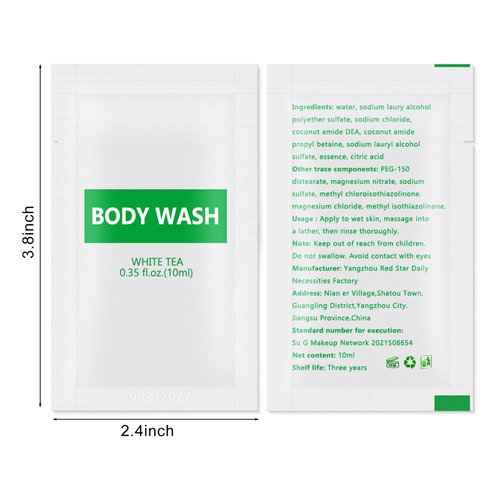 HQSLsund 30 pack Travel Size Body Wash Bulk Individually Wrapped - Refreshing Mini Shower Gel Single Use Supplies for Homeless Care Hotel Guests, White Tea Scent,0.35 fl oz/10ml