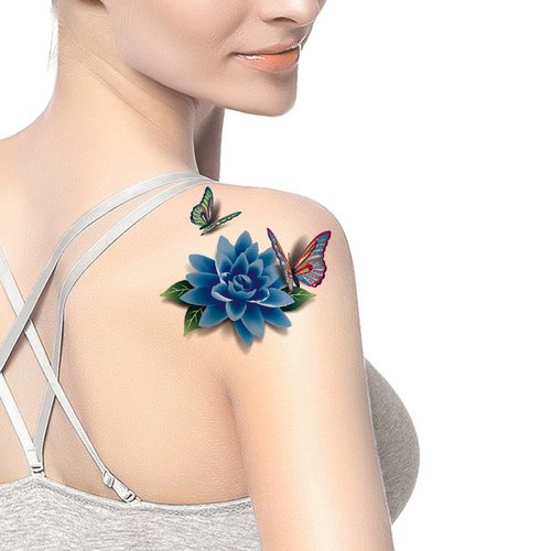 TAFLY Women's Blue Flower 3D Peony Butterfly Lower Back Temporary Tattoos 5 Sheets