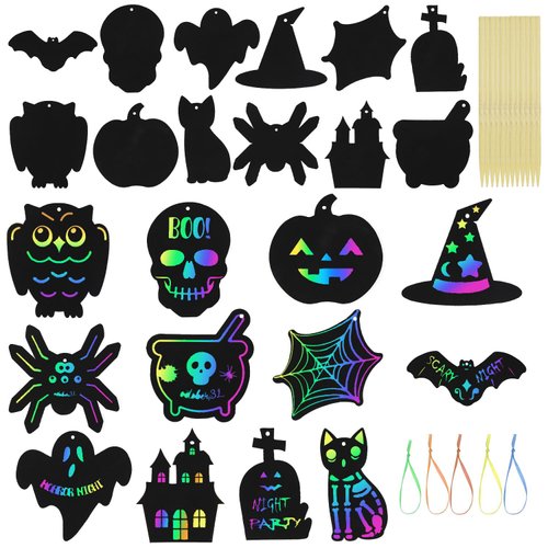 Dohia Halloween Scratch Paper Crafts Halloween Magic Rainbow Scratch Paper Off Cards Set Hanging Educational Toys Kit Halloween Party Supplies Birthday Gift D1-WSJGH