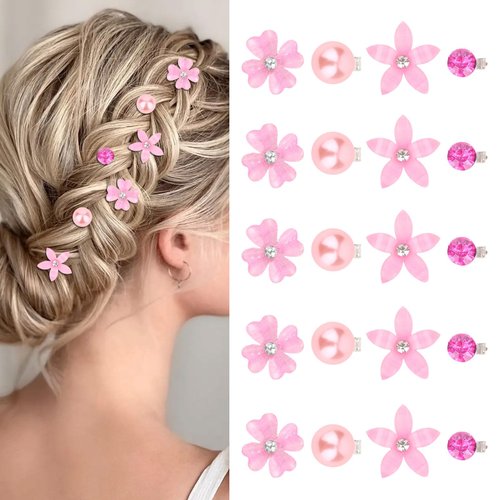 YISSION 20Pcs Mini Flower Hair Clips Cute Rhinestone Hair Pins Small Pearl Hair Clips Decorative Hair Clips Wedding Hair Barrettes Pink Hair Clips Bridal Hair Accessories for Girls Women