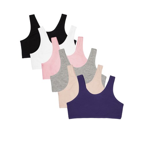 Fruit of the Loom Girls' Cotton Built-up Stretch Sports Bra, Blueberry/Black/Grey/White/Sand/Blush, 36