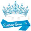 ATODEN Blue Tiara Birthday Queen Sash Crown Tiaras Crowns for Women Girls Crystal Princess Tiara Rhinestone Headbands Quinceanera Crown Happy Birthday Decorations Accessories for Prom Cosplay Party