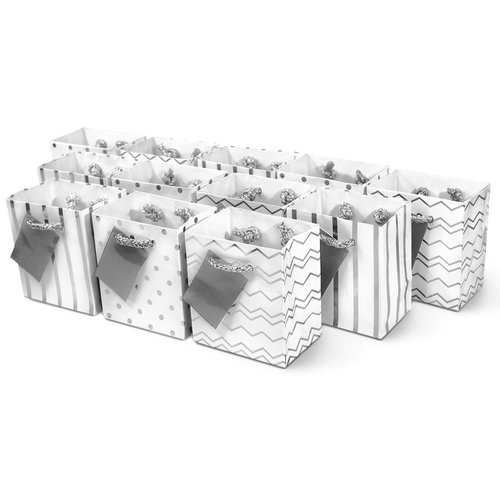 OccasionALL 4x2.75x4.5 12 Piece Mini Gift Bags with Handles, Assorted Print Metallic Silver & White Mini Gift Card Bags for Birthday, Wedding, Favors