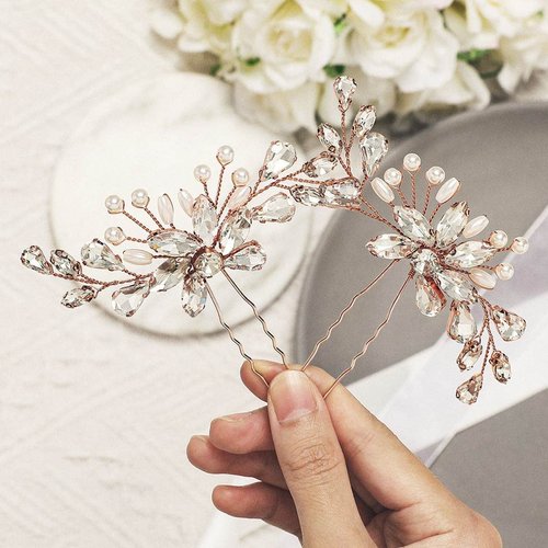 Gorais Crystal Bride Wedding Hair Pins Pearl Bridal Hair Clips Rhinestone Hair Accessories for Women and Girls (Pack of 2) (A-Rose Gold)
