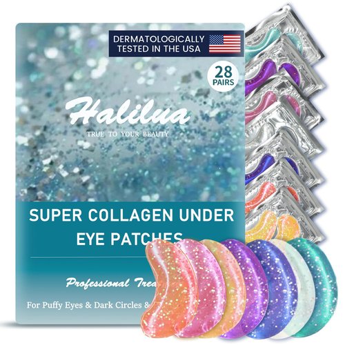 Lulesi Under Eye Patches (28 Pairs), Eye Mask for Dark Circles, Puffy Eyes, Eye Bags, Wrinkles, 7 Colors Crystal Gel Gold Eye Mask Patches, Eye & Lip Treatment Skin Care Products