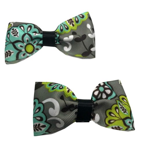 Handmade Teal and Black Floral Girls Hair Bow Set, Little Girl Bows, Pigtail Hair Bows, Toddler Hair Bows,