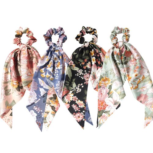 Floral Print Hair Scarf Scrunchies - Elastic Long-tail Ponytail Holders and Hair Accessories for Women, Wedding/Birthday/Bridal Party, 4 Pcs