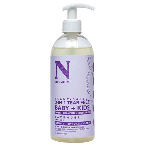 Dr. Natural 3-in-1 Tear-Free Baby Plus Kids Soap, Lavender, 16 oz - Plant-Based Baby Shampoo and Body Wash - Sulfate and Paraben-Free - Hypoallergenic for Sensitive Skin - Infused with Essential Oils