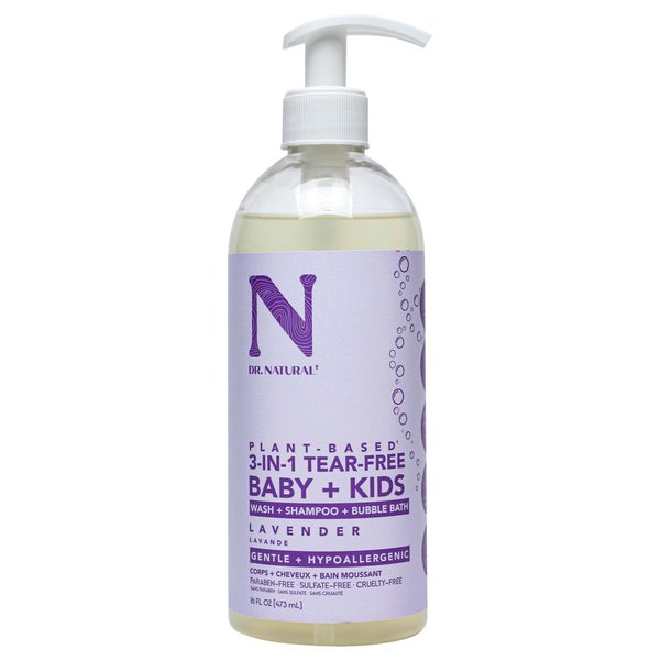 Dr. Natural 3-in-1 Tear-Free Baby Plus Kids Soap, Lavender, 16 oz - Plant-Based Baby Shampoo and Body Wash - Sulfate and Paraben-Free - Hypoallergenic for Sensitive Skin - Infused with Essential Oils