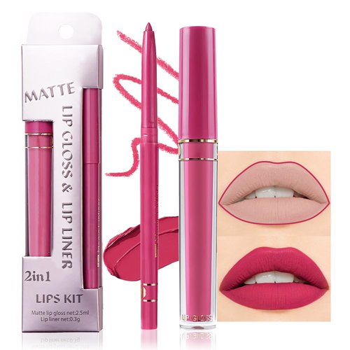 evpct 2Pcs Rose Red Matte Lip Liner and Lipstick Lip Gloss Makeup Set Kit for Women, Red Matte Lipstick Kit with Lip Liner, Lip Stains Long Lasting Waterproof 24 Hour Lipstick and Lip Liners Pencils