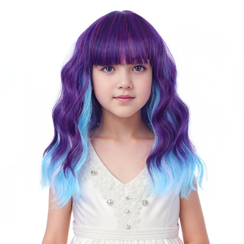 Edivd Purple Mixed Blue Wig for Kids Short Rainbow Wig with Air Bangs for Girls Short Colorful Wa...