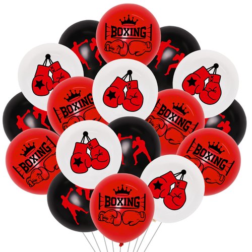 JOYMEMO 40 Pieces 12 Inches Boxing Party Latex Balloons Red Black White - Boxing Match Decorations, Glove Boxer Printed Balloon for Boxing Sport Wrestle Fitness Theme Birthday Party Supplies