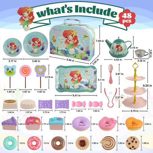 Motiloo 48 Pcs Mermaid Kids Tea Party Set with Carrying Case & Sweet Treats Playset - Pretend Toy Tin Tea Set for Little Girls - Princess Tea Time Pretend Play Tea Set Toys