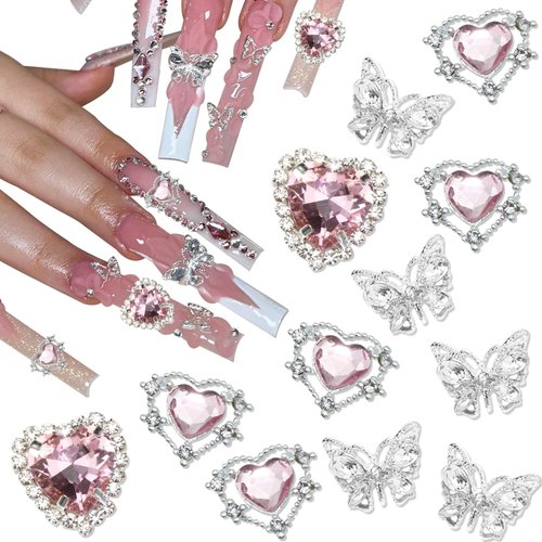 RODAKY 12PCS Butterfly Nail Charms Pink Heart Nail Gems 3D Silver Butterflies Nail Art Charms Shiny Nail Rhinestone Nail Decoration for Women Manicure DIY Crafts Design