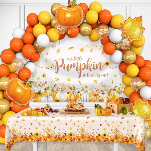 AIBIIN 110pcs Little Pumpkin 1st Birthday Decorations Fall First Birthday Balloon Garland Arch Kit with Little Pumpkin 1st Birthday Backdrop Little Pumpkin Tablecloth for Thanksgiving Birthday Decor