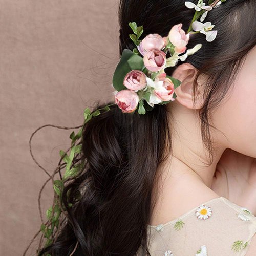 Flower Crown Headband Rose Wreath Garland Hair Bands Floral Wedding Bridal Hair Hoop Women Ladies Leaf Vine Party Decoration Headdress Headwear Christmas Handmade Headpiece Hair Accessories Pink