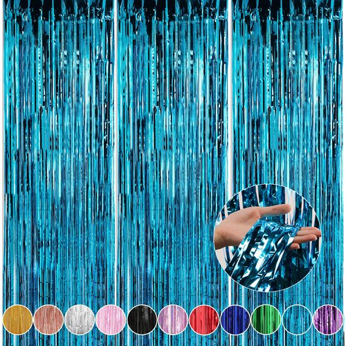 Crosize 3 Pack 3.3 x 9.9 ft Blue Foil Fringe Backdrop Curtain, Streamer Backdrop Curtains, Streamers Birthday Party Decorations, Tinsel Curtain for Parties, Galentines Decor