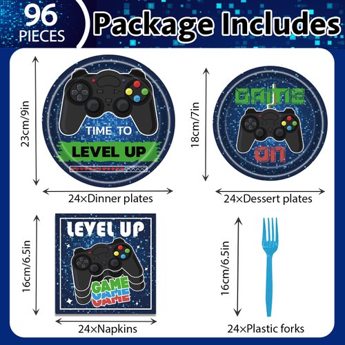 96 PCS Video Game Party Supplies Tableware Set Gaming Birthday Party Decorations Game On Party Plates Napkins Forks for Kids Adults Serves 24 Guests