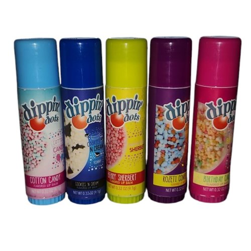 Ice Cream Assorted Flavored Lip Balms, 5 Pack, Jumbo Size 0.32 oz. Cotton Candy, Cookies and Cream, Berry Sherbert, Rozeti Confetti, and Birthday Cake Flavored. In a Christmas Packaged Box