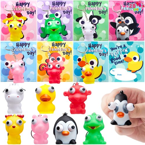 JOYIN 28 Packs Valentine's Day Gift Card with Unzip Popping Eyes Animal Keychains for Kids Party Favor, Classroom Exchange Prizes, Valentine’s Greeting Cards