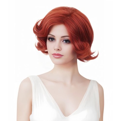 Rugelyss Auburn Short Wavy Wigs with Bangs Vintage Curly Copper Red Hair Wig Synthetic Wigs for Women for Cosplay or Halloween