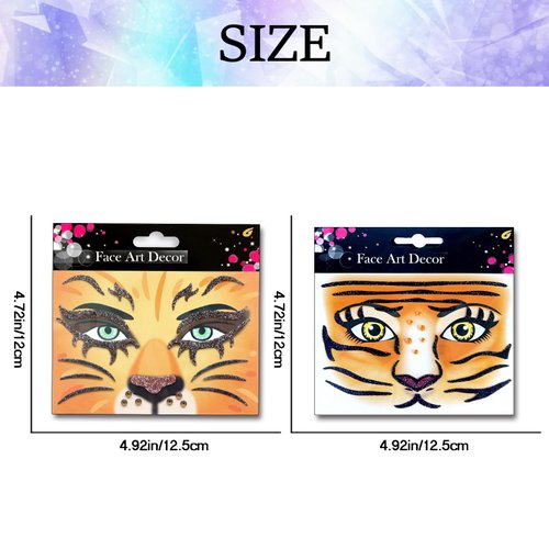 Tiger Face Temporary Tattoos Lion Face Tattoos Christmas Thanksgiving Party Favors Animal Face Stickers Stage Performance Face Tattoos Glitter Makeup Face Tattoos Animal Body Paint Tattoos 2Pcs