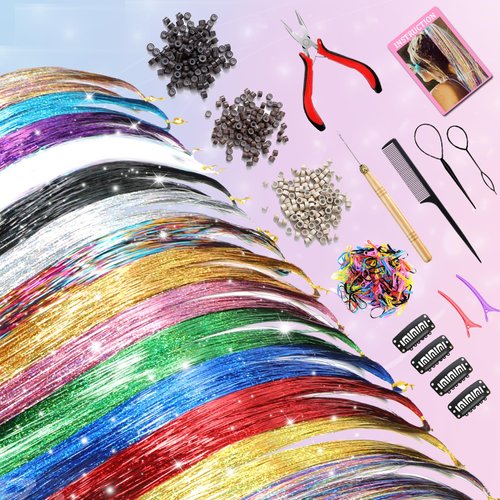 AIAIZHQH Hair Tinsel Kit (20 Colors, 4400 Strands, 48 Inches) Sparking Tinsel Hair Extensions Kit with Tools, Fairy Hair Tinsel Kit Heat Resistant Highlights Glitter Hair Extensions Hair Tensile Kit