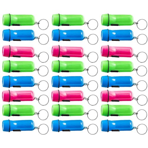 Kicko Mini Flashlight Keychain, 2 Inch - 24 Pack Assorted Colors, Green, Light Blue and Pink - Batteries Included - for Kids, Party Favors, Goody Bag Fillers, Prizes, Pocket Size, Chain for Key