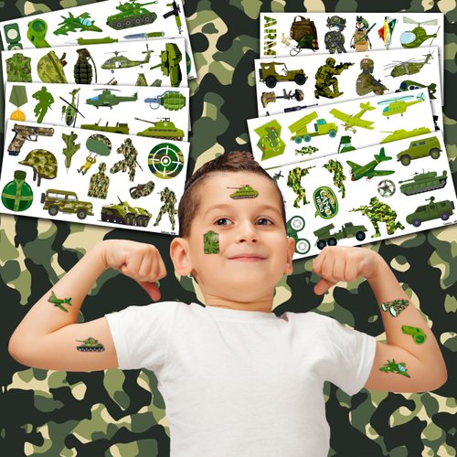 Military Camouflage Temporary Tattoos Theme Army Birthday Party Decorations Supplies Favors Decor 96 PCS Camo Soldier Tank Helicopter Tattoo Stickers Gifts For Kids Adults Boys Girls Prizes Carnival