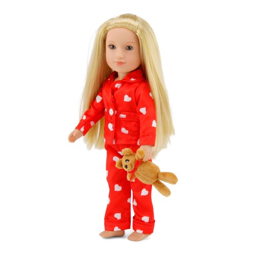 Emily Rose 14 Inch Doll Clothes 3-PC 14-in Doll Red Heart PJ Pajamas Set | Silky 14" Doll PJs Valentines Gift Set with Teddy Bear Accessory | Compatible with 14-in American Girl Wellie Wishers Dolls