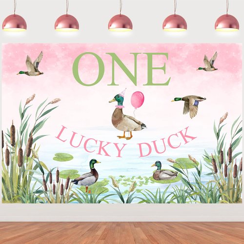 Balterever Duck Hunting First Birthday Decoration for Girls Pink One Lucky Duck Birthday Backdrop Mallard Duck 1st Birthday Party Decorations for Girls 1st Birthday Party Supplies