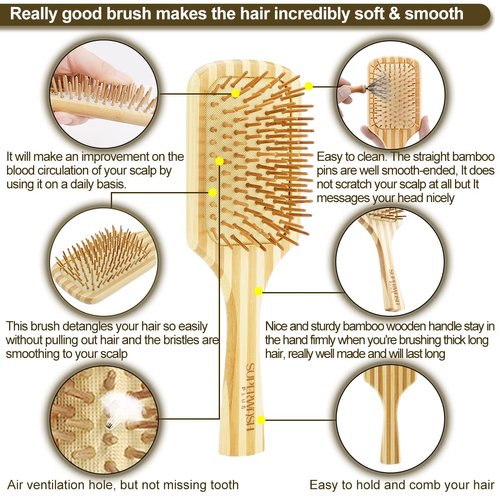 Hair Brush Set for Women & Men, Natural Bamboo Bristles Wet Dry Flat Paddle Detangling Bamboo Brushes Fit All Types Hair, Brush Cleaner Tool included - 3 Pack