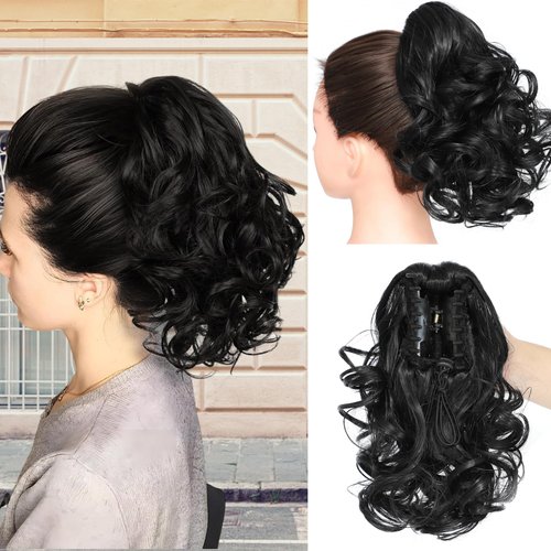 Dybst 12“Claw Curly Ponytail Extension Clip in Short Curl Wavy Pony Hair Extension Jaw Clip on Pony Tail Synthetic Short Wave Hairpiece for Women (#1B)