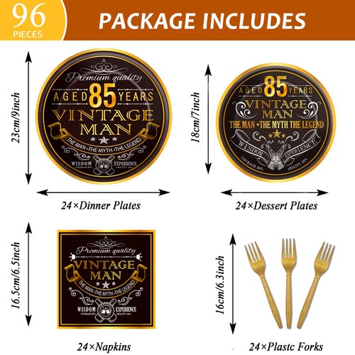 Wiooffen 96 Pcs Vintage 85th Party Tableware Set Back in 1939 85th Theme Birthday Party Table Decoration Supplies Cheers to 85 Years Paper Plate Napkin Fork 24 Guests for Men