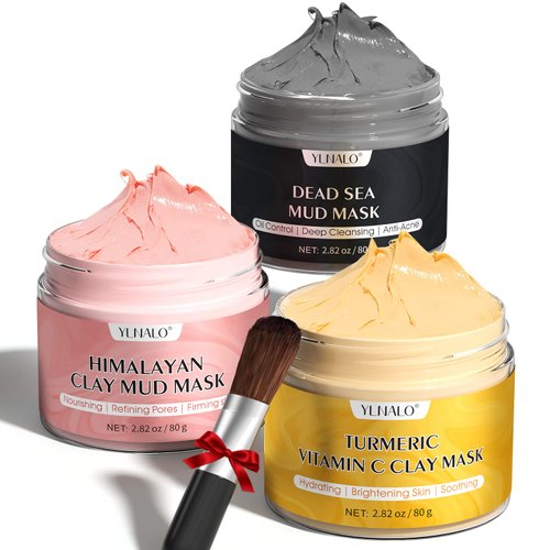YLNALO Clay Facial Mask Gift Set -Turmeric Vitamin C, Dead Sea and Himalayan Clay Mask, SPA Facial Masks Skin Care Gift Set for Deep Pore Cleansing, Reduce Blackheads Acne, Dark Spots, Oil Control