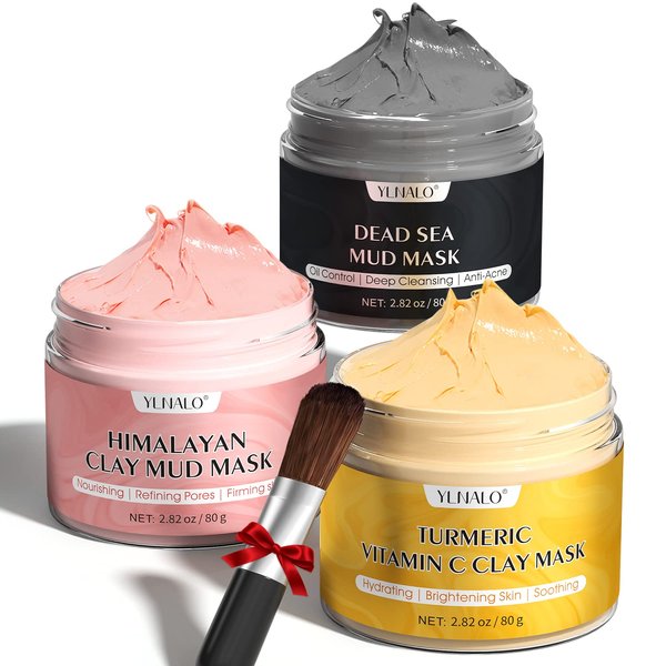 YLNALO Clay Facial Mask Gift Set -Turmeric Vitamin C, Dead Sea and Himalayan Clay Mask, SPA Facial Masks Skin Care Gift Set for Deep Pore Cleansing, Reduce Blackheads Acne, Dark Spots, Oil Control