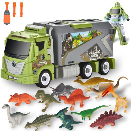 FGSOSO Toys for 3 4 5 6 Year Old Boy Girl, 3 in 1 Dinosaurs Transport Truck Can Transform Robot with 12 Dinosaur Figures, Carrier Truck Car Playset Toy Car for Toddlers Christmas Birthday Gifts