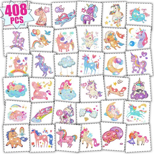 Partywind 68 Sheets Glitter Temporary Tattoos for Kids Girls, 408 Styles Perforated Fake Tattoo Stickers for Girls Birthday Party Supplies Favors, Children Goodie Bag Stuffers