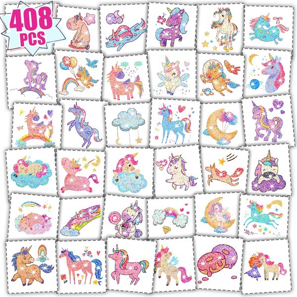Partywind 68 Sheets Glitter Temporary Tattoos for Kids Girls, 408 Styles Perforated Fake Tattoo Stickers for Girls Birthday Party Supplies Favors, Children Goodie Bag Stuffers