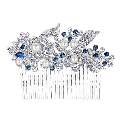 EVER FAITH Wedding Hair Comb Rhinestone Pearl Bride Hair Accessories Flower Vine Hair Piece for Bridesmaids Blue Silver-Tone