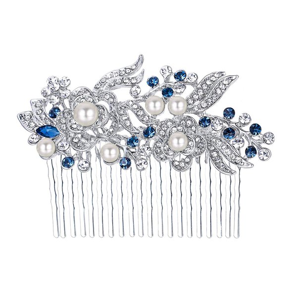 EVER FAITH Wedding Hair Comb Rhinestone Pearl Bride Hair Accessories Flower Vine Hair Piece for Bridesmaids Blue Silver-Tone