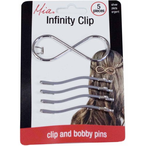 Mia Infinity Hair Clip Hair Accessory + Wavy Bobby Pins, Hair Pins, Shiny Silver Metal, Create Fashionable Criss-Cross Designs, for Women, Hair Stylists, Girls 5pcs