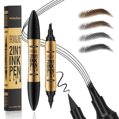 2 in 1 Magic Eyebrow Pencil, 4 Fork Tip Microblading Eyebrow Pen, 3D Waterproof Eyebrow Pencils with Eyeline, Natural Eye Brow Pencils for Women Last All-Day (Black)