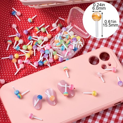PAGOW 100pcs Lollipop Candy Nail Art Charm Cute 3D Acrylic Decoration DIY Mini Designs Sugar Kawaii Colorful Accessories Sweet Love Craft Manicure Supplies Valentines Christmas Birthday Thanksgiving