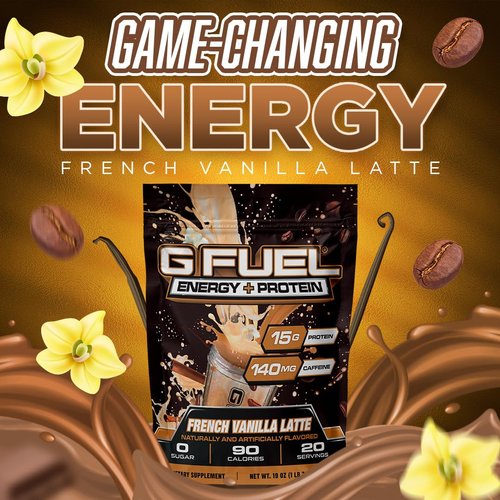 G Fuel Protein + Energy Drink Powder, Pre Workout Caffeine Powder, Energy Powder Drink Mix for Gaming, Sugar Free Focus Amino, Vitamin + Antioxidants, 19oz (French Vanilla Latte, 20 Servings)