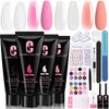 Clara Colors Poly Gel Nail Kit, 4 Colors Clear White Jelly Nude Pink Builder Poly Extension Gel Nail Kit with Slip Solution Base Top Coat Gel and Nail Art Tools Polygel Nail Kit Starter Kit