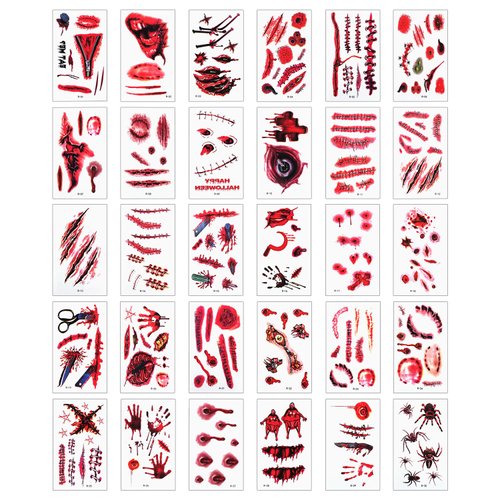 30 Sheets Halloween Scar Tattoo Stickers, Horror Bloody Wound Temporary Tattoo Waterproof Realistic Tattoo Stickers for Kids Men Women Zombie Cosplay Party Decoration (Style 1)