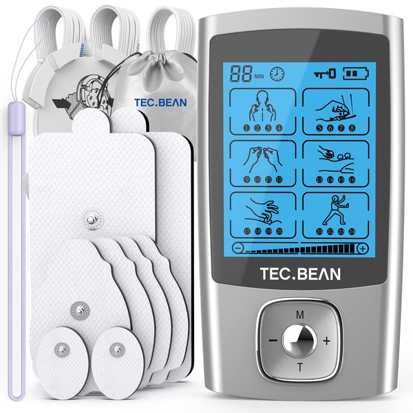 TEC.BEAN 24 Modes TENS Unit Muscle Stimulator, Rechargeable TENS Machine with 8 Electrode Pads (American Gel), Electric Pulse Massager for Pain Relief Therapy