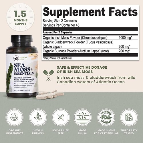 HAPPY FOX Sea Moss Capsules Burdock Root, Bladderwrack & Irish Sea Moss Capsules Organic, No Fillers, 90 Vegan Caps - Made in USA Seamoss Pills - Alternative to Sea Moss Gummy, Sea Moss Powder